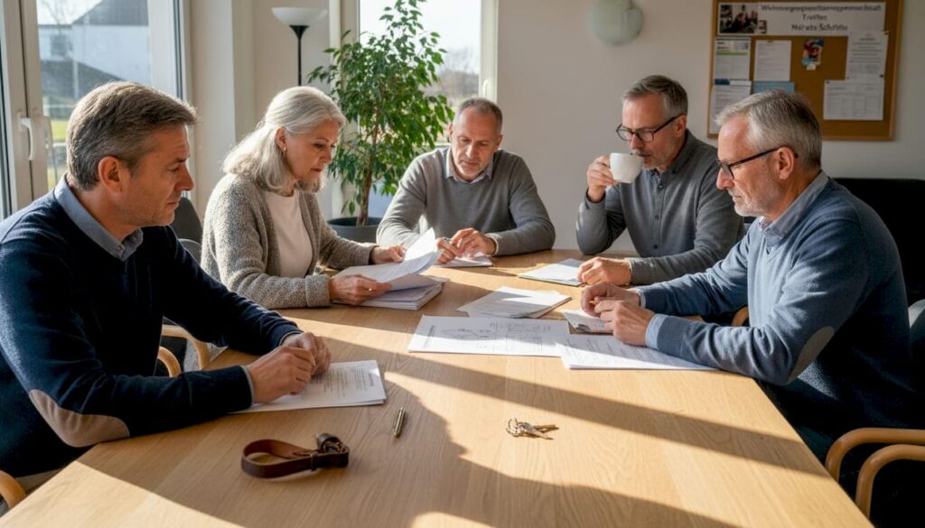 Die Eigentümer beraten gemeinsam am Tisch über einen möglichen Wechsel der Hausverwaltung.