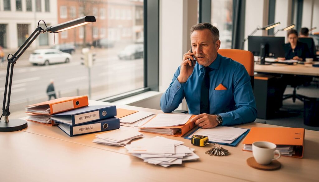 Ein Hausverwalter sitzt am Schreibtisch, sortiert Aktenordner und führt Telefonate – ganz typisch Büroalltag in der Immobilienverwaltung.